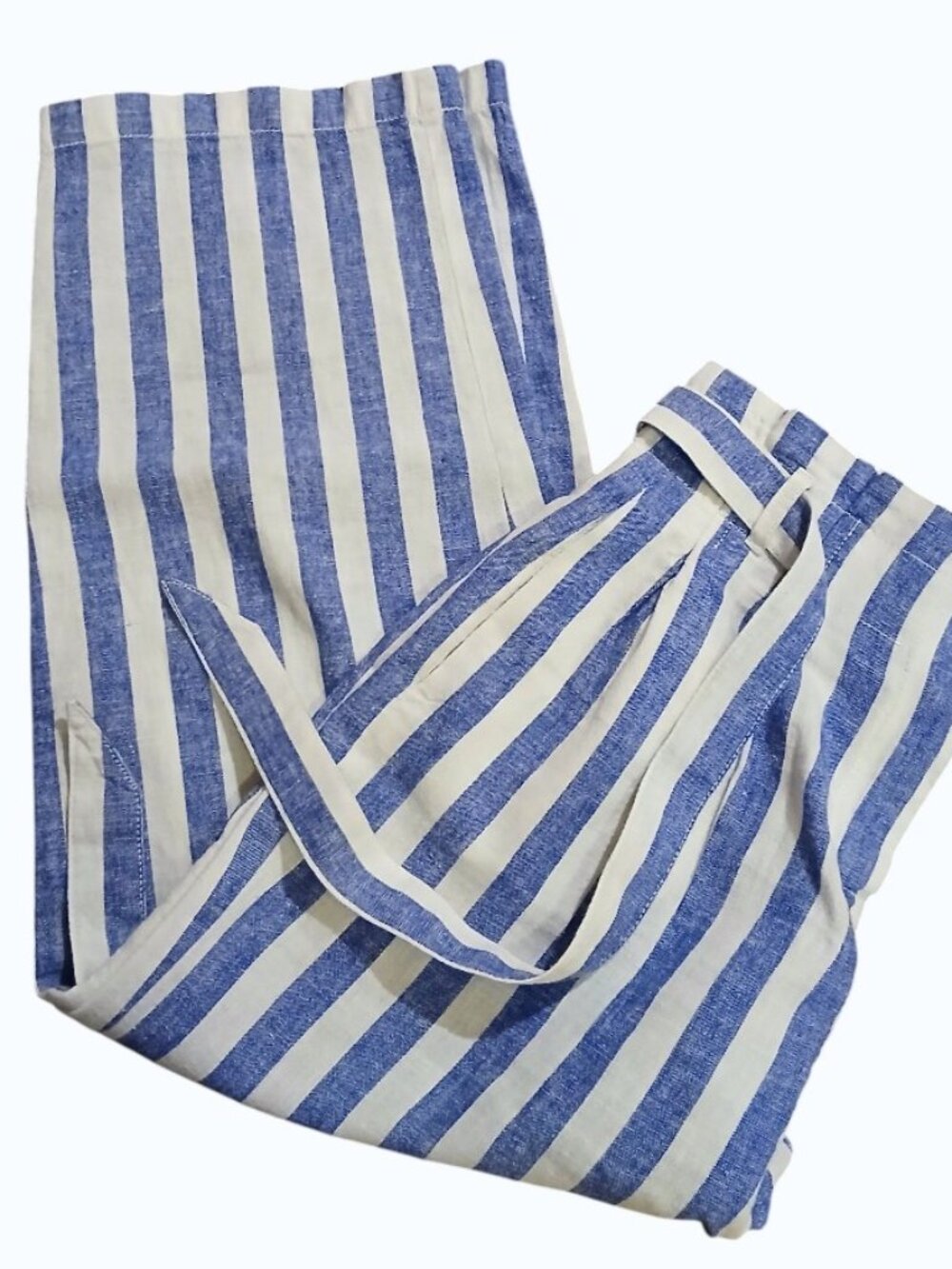J. CREW Blue & White Linen Stripe Crop Paperbag Waist with Tie Pants - EUC - Picture 2 of 13